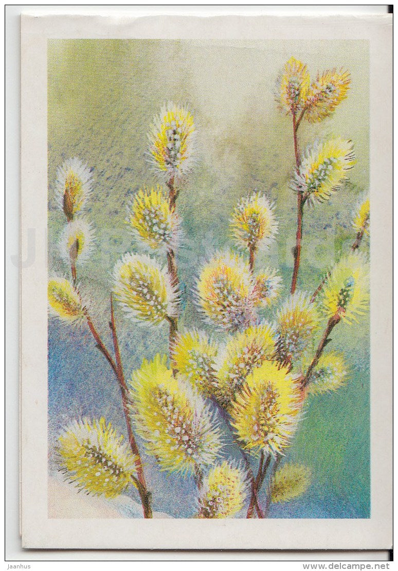 8 March International Women's Day mini greeting card by T. Zhebelyeva - catkins - 1988 - Russia USSR - unused - JH Postcards