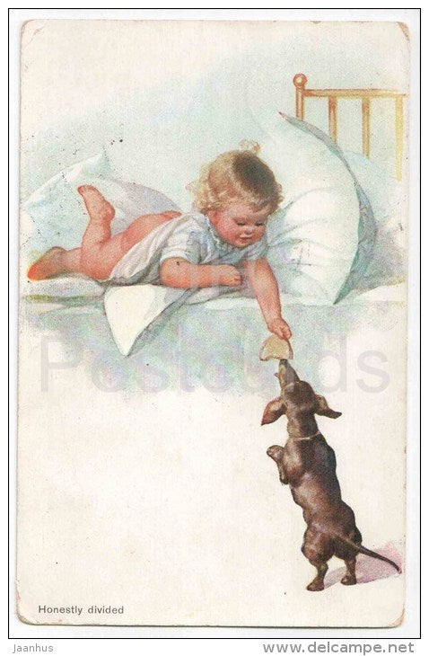 illustration - Honestly Divided - boy - dog basset - No 840 - circulated in Estonia Tallinn 1924 - JH Postcards