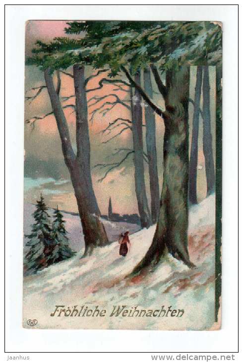 Christmas Greeting Card - nature - church - EAS - old postcard - circulated in Tsarist Russia Estonia 1908 Reval - used - JH Postcards