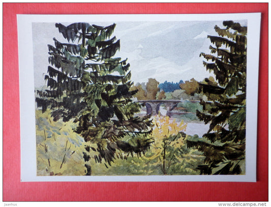 painting by Anna Ostroumova-Lebedeva - Pavlovsk , Fir-Trees , 1922 - russian art - unused - JH Postcards