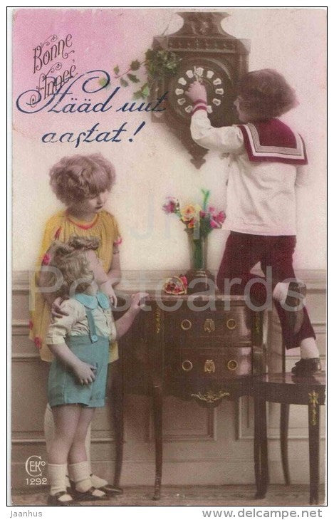 new year greeting card - children - clock - table - CEKO 1292 - circulated in Estonia 1927 postal wagon - JH Postcards