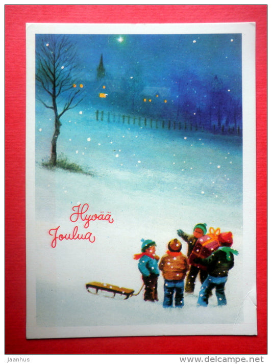 Christmas Greeting Card - children - sledge - gifts - 86 - Finland - circulated in Finland - JH Postcards