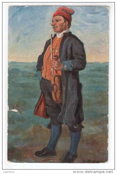 folk costume from Toarp , Västergötland , Norway - Nordiska Museet - violin - 66005 - signed - old postcard - unused - JH Postcards