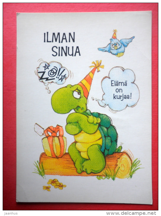 illustration - turtle - bird - trolley - Finland - circulated in Finland - JH Postcards