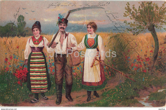 man - woman - peasant - folk costumes - illustration - No 8265 - old postcard - 1906 - used - JH Postcards