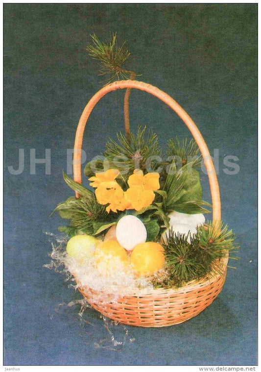 flower composition - basket - eggs - 1980s - Estonia USSR - unused - JH Postcards