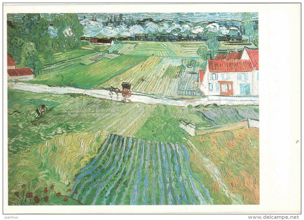 painting by Vincent van Gogh - Landscape with Carriage and Train- large format card - Impressionism - dutch art - unused - JH Postcards