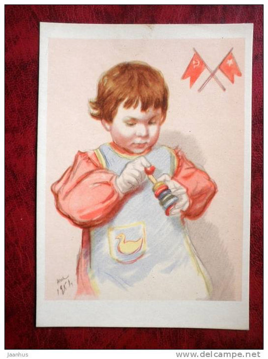 Painting by N.N. Zhukov - that's ready - girl with toy - art - card printed in 1958 - Russia - USSR - unused - JH Postcards