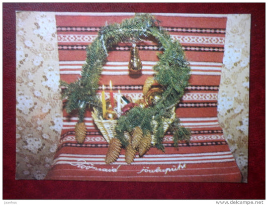 New Year Greeting card - wreath of spruce - candles - cones - decorations - 1989 - Estonia USSR - used - JH Postcards
