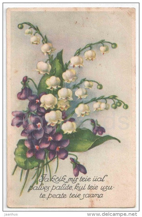 Greeting Card - Lily-of-the-Valley - Hepatica - flowers - IL - old postcard - circulated in Estonia - JH Postcards