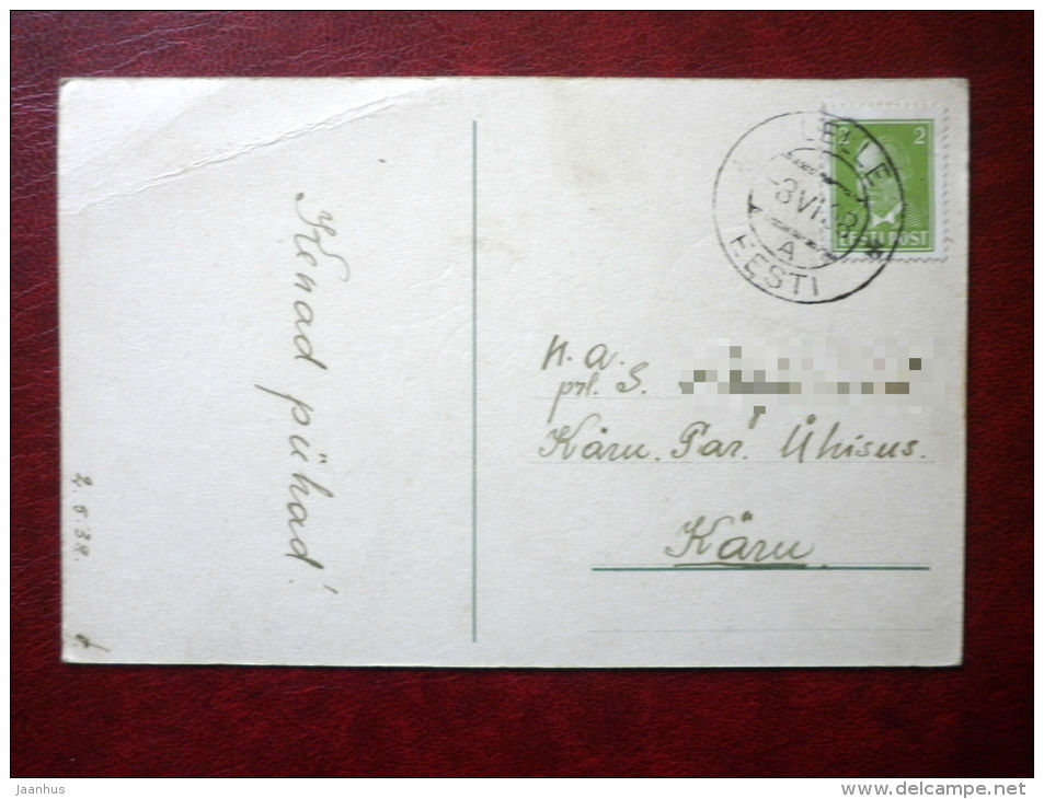 Pentecost Greeting Card - white rose - circulated in Estonia 1938 , Lelle - used - JH Postcards