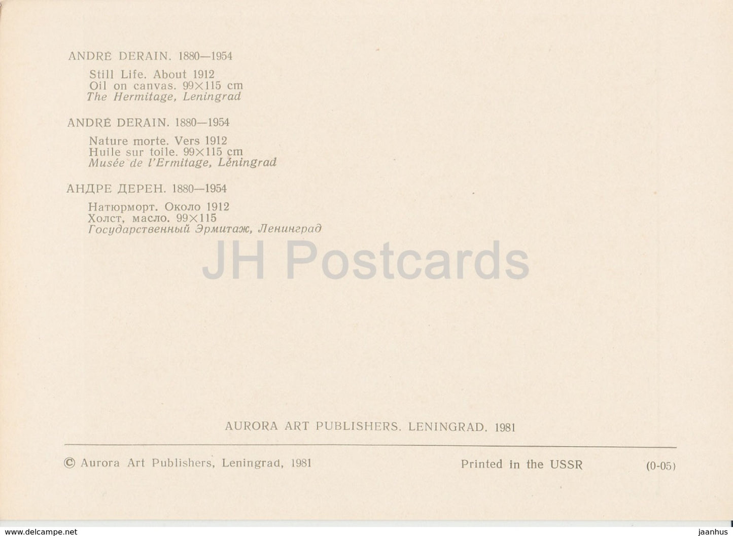 painting by Andre Derain - Still Life - French art - 1981 - Russia USSR - unused