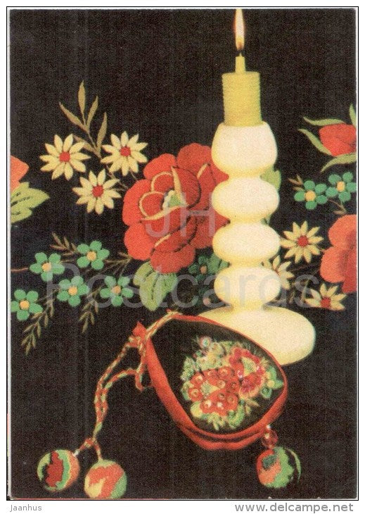 New Year Greeting card - 1 - candle - embroidery - 1969 - Estonia USSR - used - JH Postcards