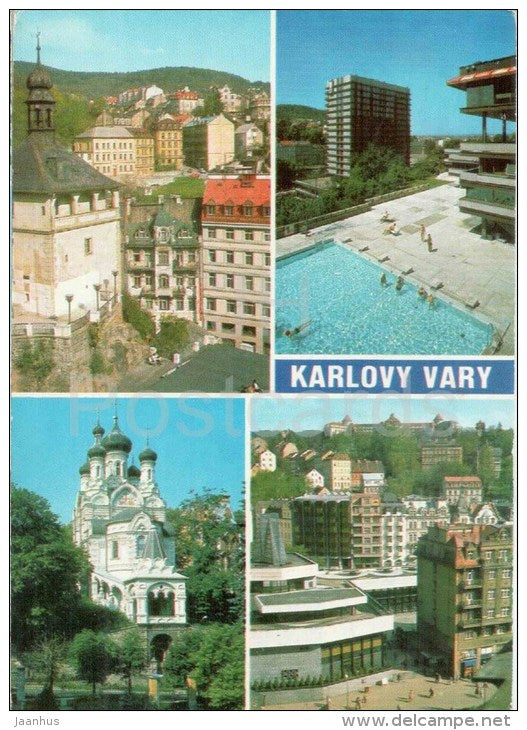 Karlovy Vary - Castle Tower - Thermal sanatorium with swimming pool - Orthodox church - Czechoslovakia - Czech - used - JH Postcards