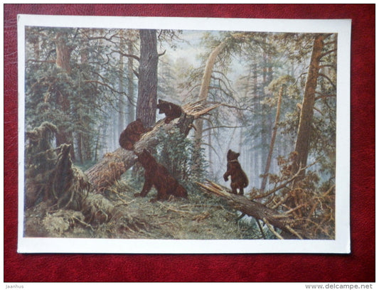 painting by I. Shishkin , Morning in a Pine Forest , 1889 - brown bear - russian art - unused - JH Postcards