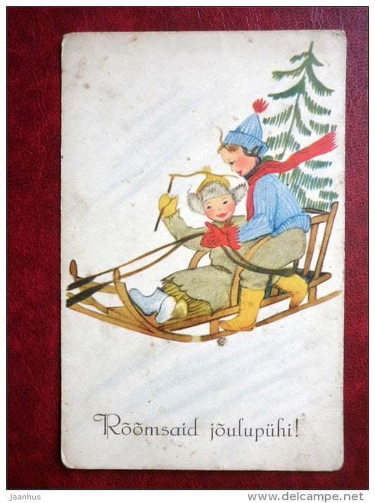 Christmas Greeting Card - sleigh ride - christmas tree - 1920s-1930s - Estonia - used - JH Postcards