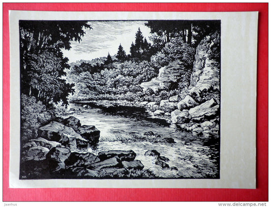 engraving by Arturs Duburs - The Trout Brook - latvian art - unused - JH Postcards