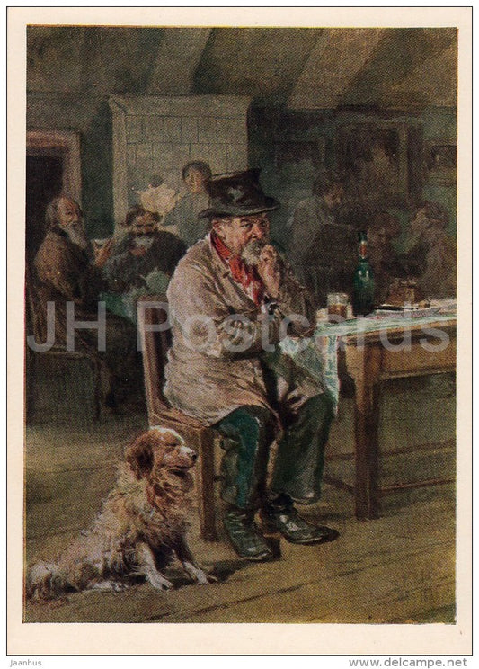 painting by V. Makovsky - In the Tavern , 1886 - old man - dog - Russian art - 1956 - Russia USSR - unused - JH Postcards
