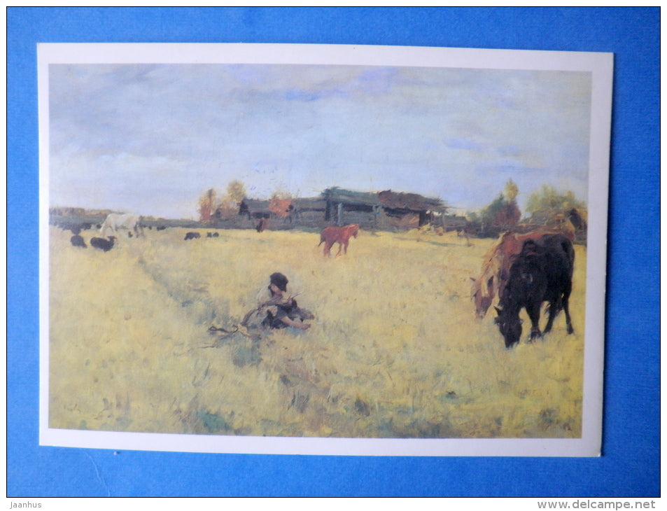 painting by V. A. Serov - October . Domotkanovo , 1895 - horses - russian art - unused - JH Postcards