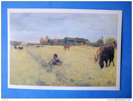 painting by V. A. Serov - October . Domotkanovo , 1895 - horses - russian art - unused - JH Postcards