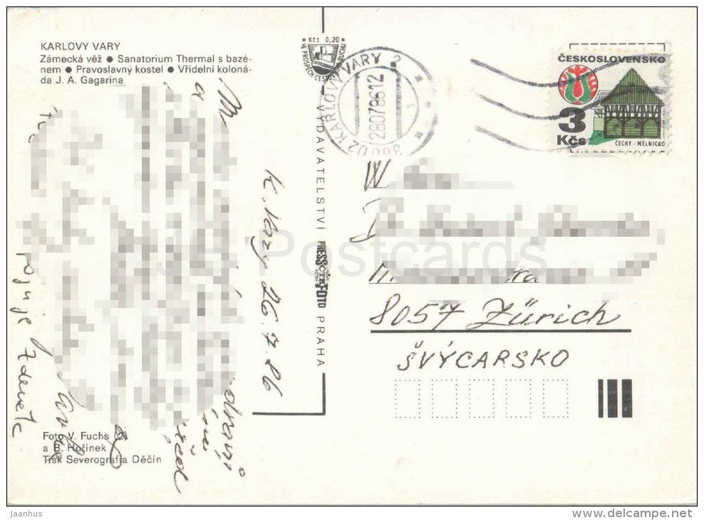 Karlovy Vary - Castle Tower - Thermal sanatorium with swimming pool - Orthodox church - Czechoslovakia - Czech - used - JH Postcards