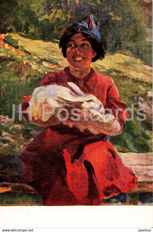 painting by P. Efanov - In a new home - girl - rabbit - Russian art - 1953 - Russia USSR - unused - JH Postcards