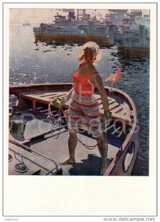 painting by Y. Bosko - Volzhanka , 1967 - woman - Volga river - russian art - unused - JH Postcards