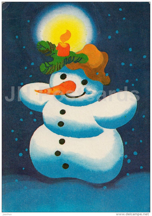 New Year Greeting Card by L. Härm - Snowman - candle - 1977 - Estonia USSR - used - JH Postcards