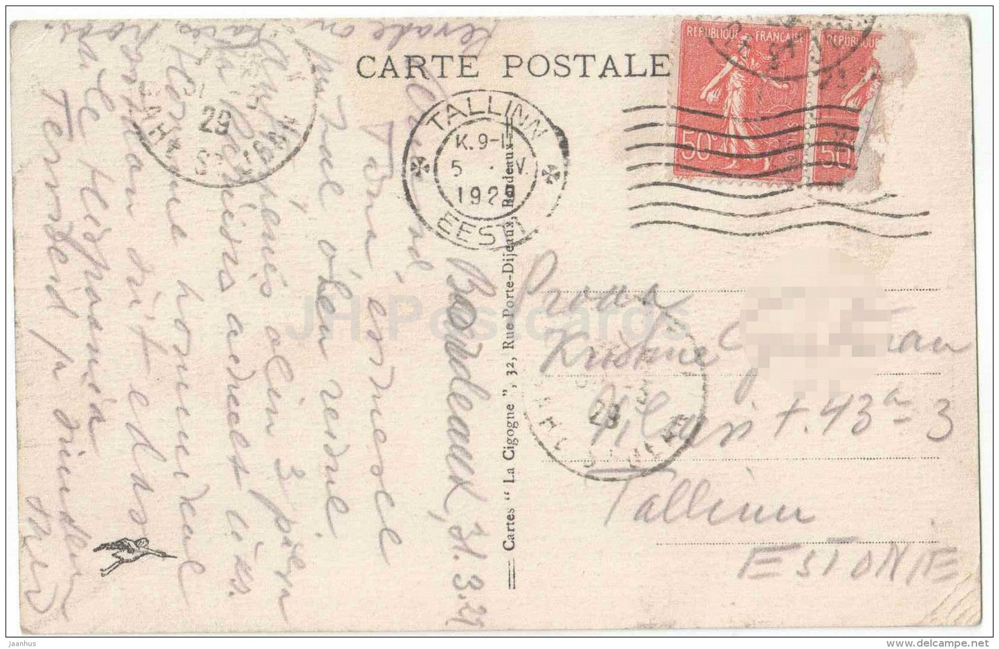 La Terrasse du Jardin Public - 8 - Bordeaux - France - sent from France to to Estonia Tallinn 1929 - JH Postcards