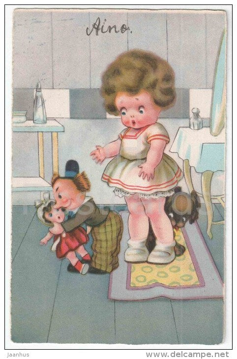 illustration - girl - doll - dog - kitchen - Amag 1798 - old postcard - circulated in Estonia - JH Postcards