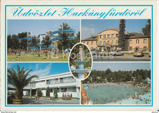 Harkanyfurdo - pool - hotel - cars - multiview - 1992 - Hungary - used - JH Postcards