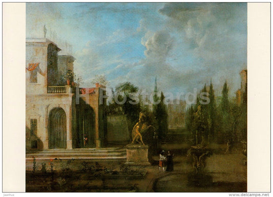 painting by Johann Heinrich Schönfeld - Italian Villa in a Park - Italian art - large format card - Czech - unused - JH Postcards