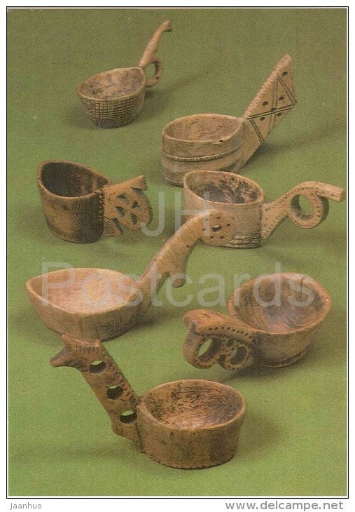 Ladles , XX century - wood - ladle - folk costumes - 1986 - Belarus USSR - unused - JH Postcards