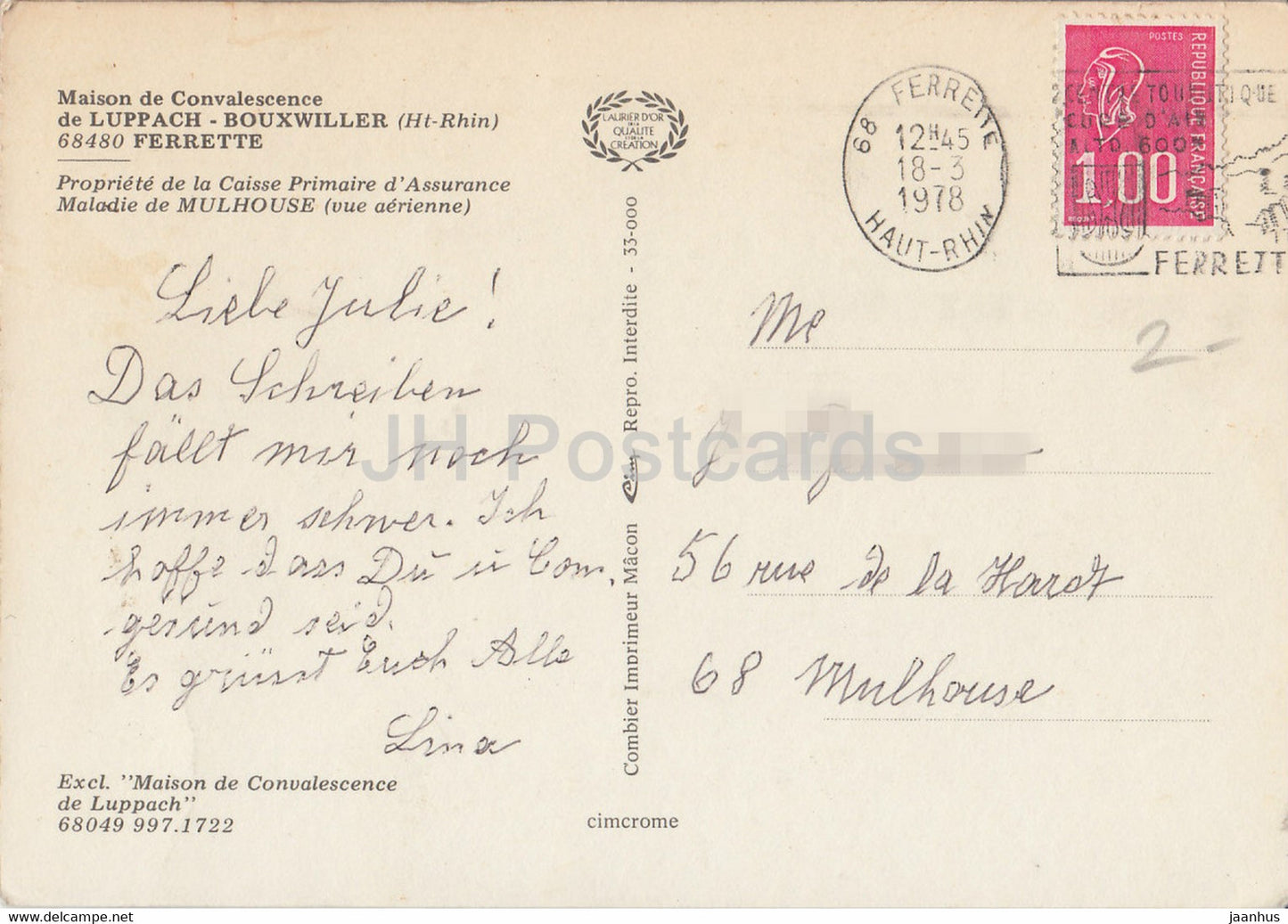 Maison de Convalescence de Luppach Bouxwiller - Ferrette - 1978 - France - used