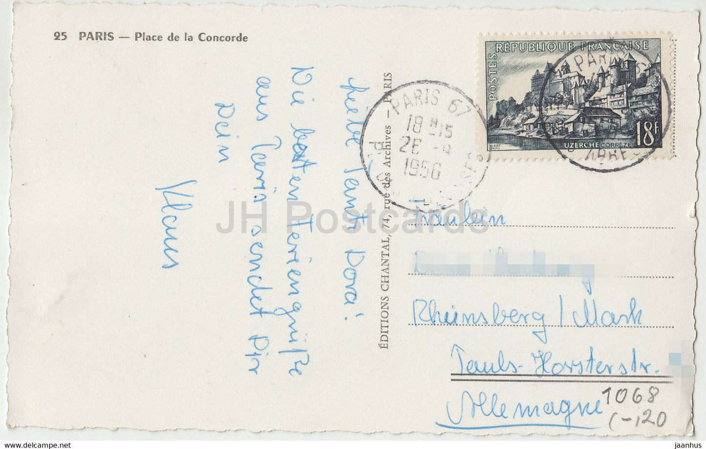 Paris – Place de la Concorde – Auto – Bus – 25 – alte Postkarte – 1956 – Frankreich – gebraucht