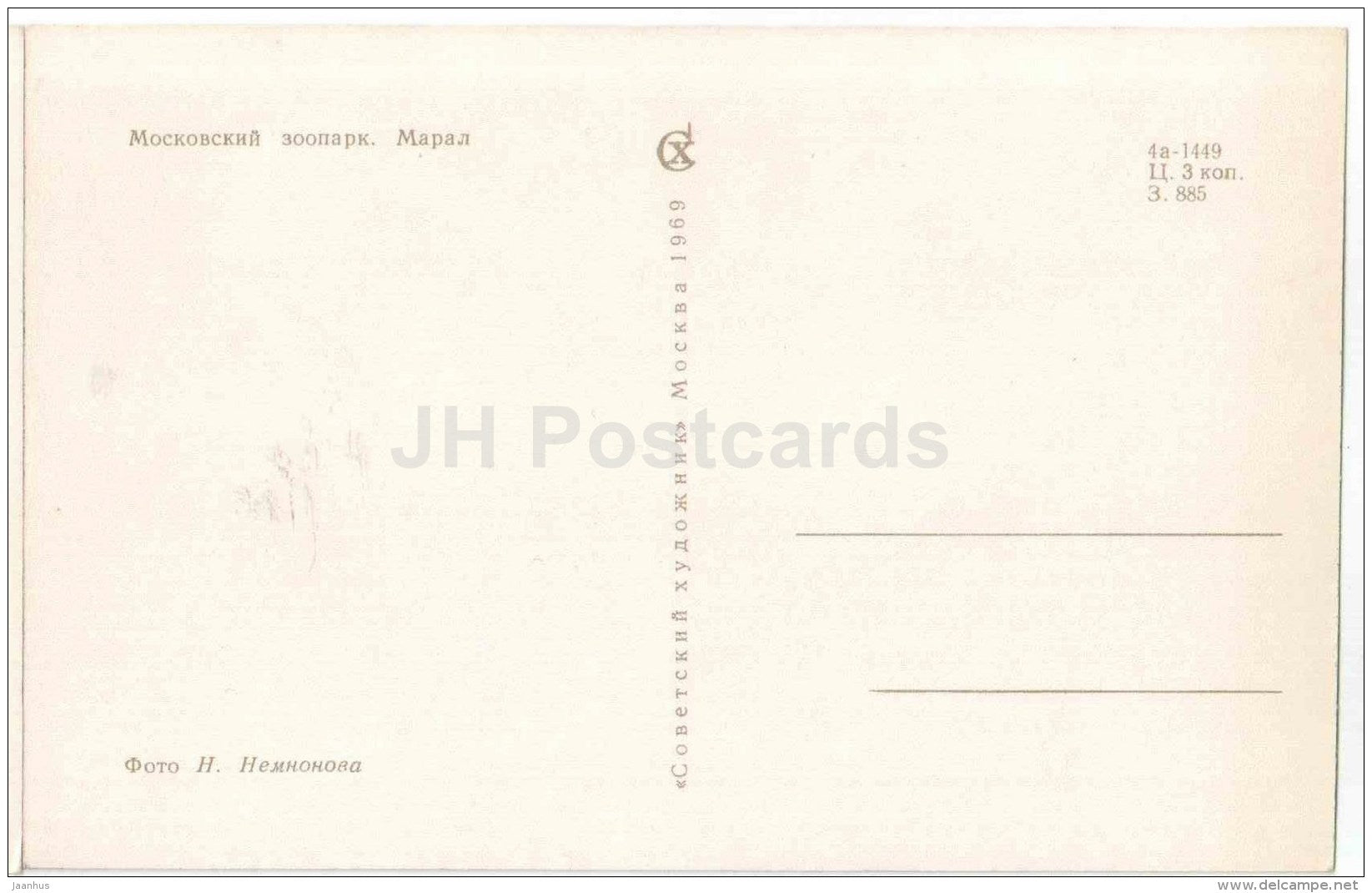 Caspian Red Deer - Maral - Cervus elaphus maral - Moscow Zoo - 1969 - Russia USSR - unused - JH Postcards