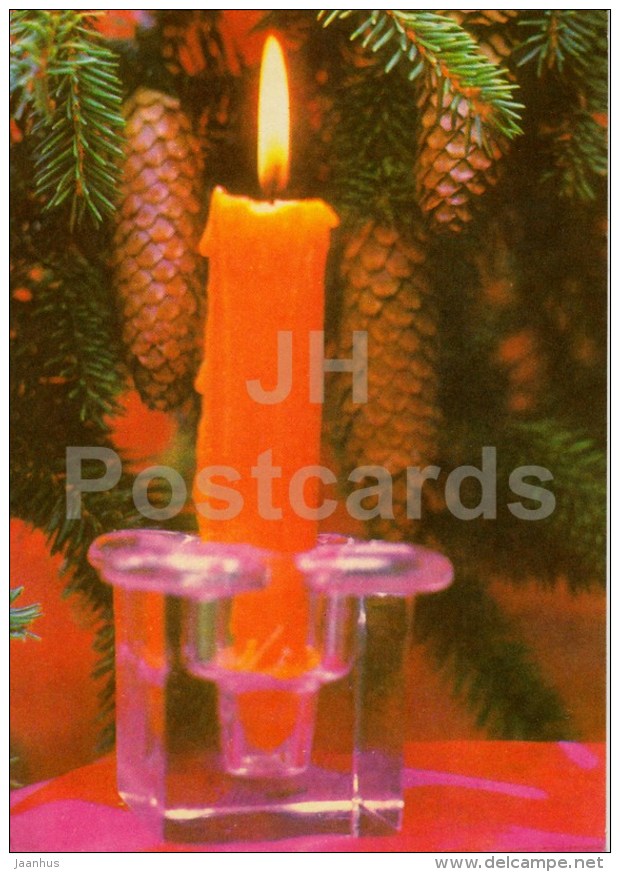 New Year Greeting card - candle - fir cones - 1976 - Estonia USSR - used - JH Postcards