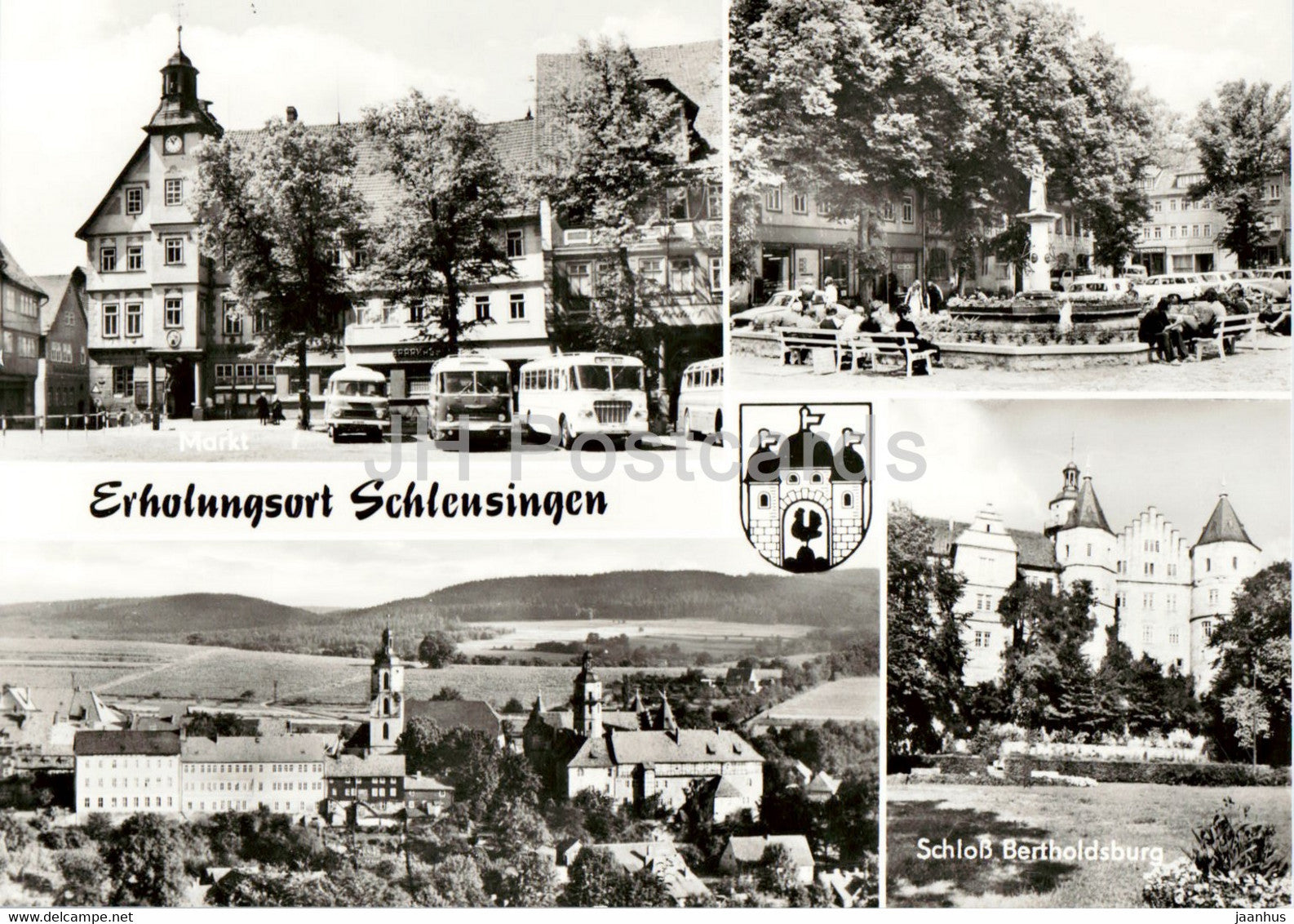 Erholungsort Schleusingen - Markt - Schloss Bertholdsburg - castle - bus - old postcard - Germany DDR - unused - JH Postcards
