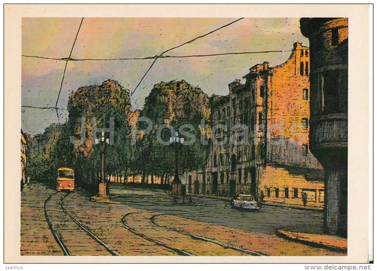 illustration by L. Korsakov - Yauzsky boulevard . Roman Castle - tram - Moscow - Russia USSR - 1979 - unused - JH Postcards