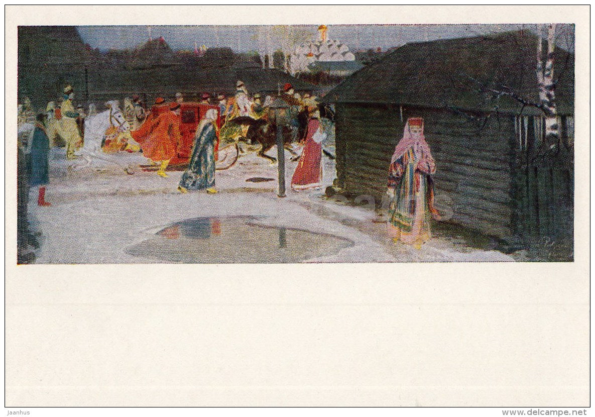 painting by A. Ryabushkin - Wedding Train in Moscow , 1901 - horse sledge - Russian Art - 1963 - Russia USSR - unused - JH Postcards