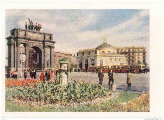 by the Narva Arch - tram - Leningrad - St. Petersburg - 1959 - Russia USSR - unused - JH Postcards