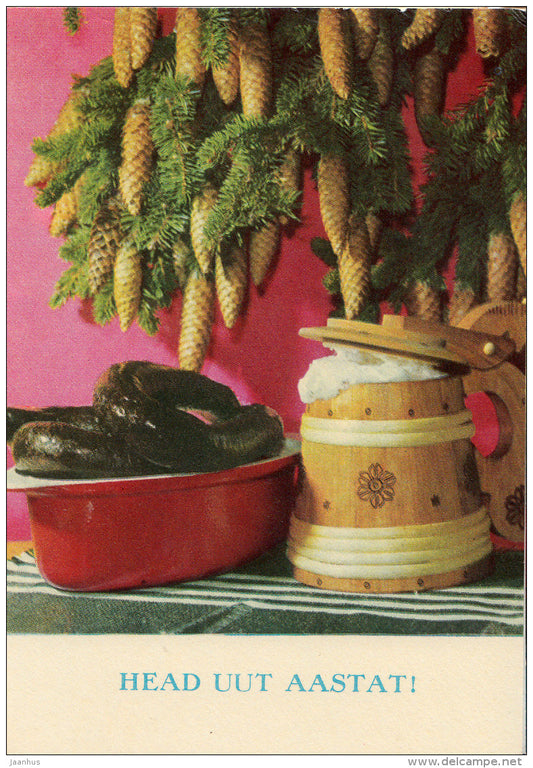 New Year Greeting Card - 1 - beer mug - blood pudding - fir cones - 1970 - Estonia USSR - used - JH Postcards