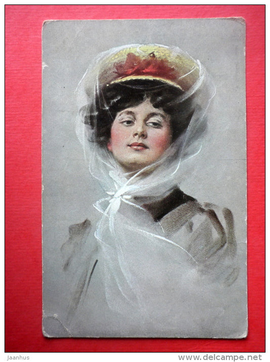 illustration - lady in hat - 15625 Deposee - old postcard - unused - JH Postcards