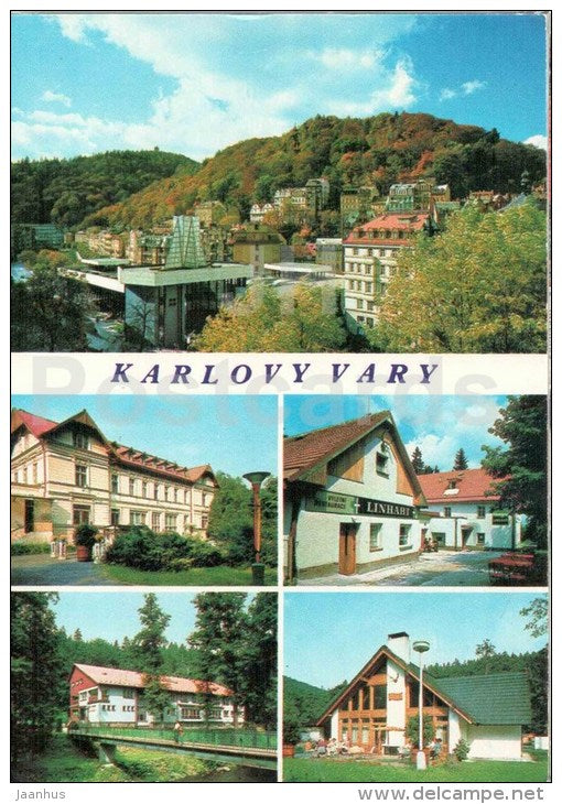 Karlovy Vary - spa - Gagarin colonnade - restaurant Linhart - hotel Gejzirpark - Czechoslovakia - Czech - unused - JH Postcards