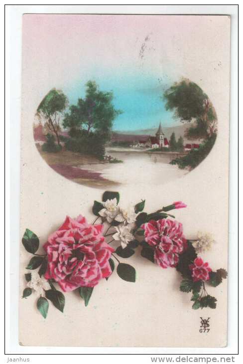 Greeting Card - flowers - church - YSA 677 - old postcard - circulated in Estonia 1927 Rakvere Tallinn - used - JH Postcards
