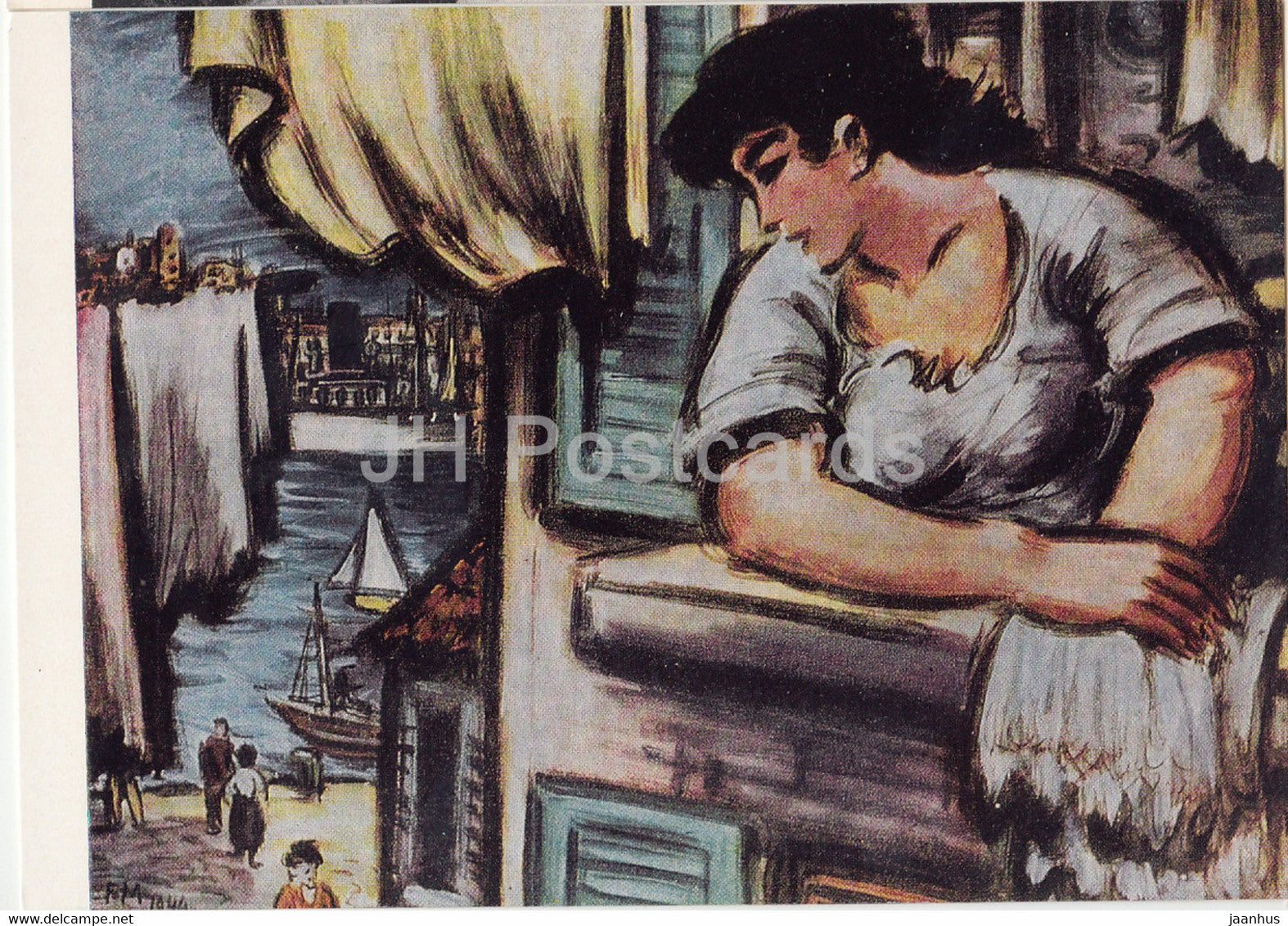 painting by Frans Masereel - Green shutters and yellow curtains - Flemish art - 1967 - Russia USSR - unused - JH Postcards