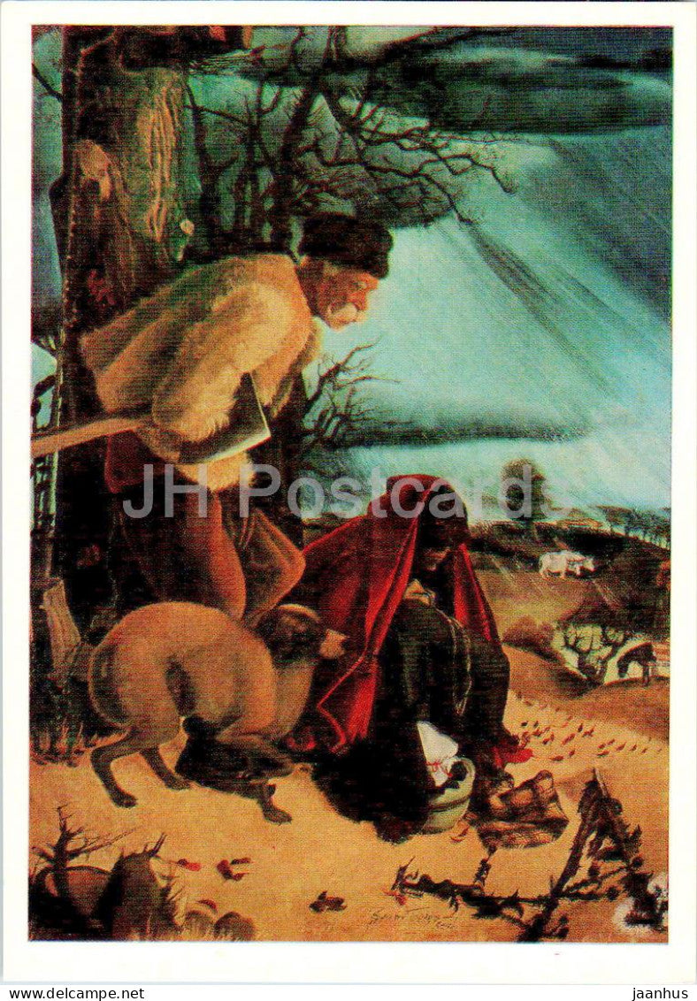painting by Zlatyu Boyadzhiev - Lumberjacks from Brozovo - dog - Bulgarian art - 1978 - Russia USSR - unused - JH Postcards