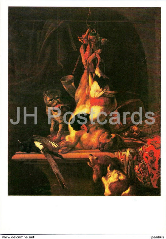 painting by Melchior d'Hondecoeter - Hunting trophies - hare - dog - cat - birds Dutch art - 1987 - Russia USSR - unused - JH Postcards