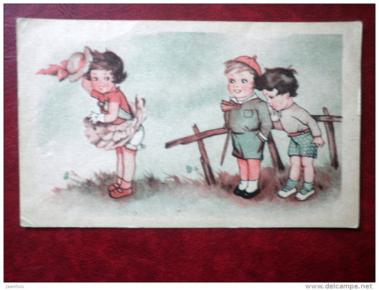 girl and boys - illustration - old postcard - Estonia - used - JH Postcards
