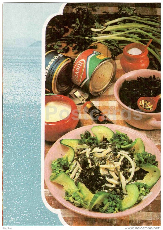 Ocean salad - tin-opener - canned food - Fish Dishes - cuisine - 1990 - Russia USSR - unused - JH Postcards